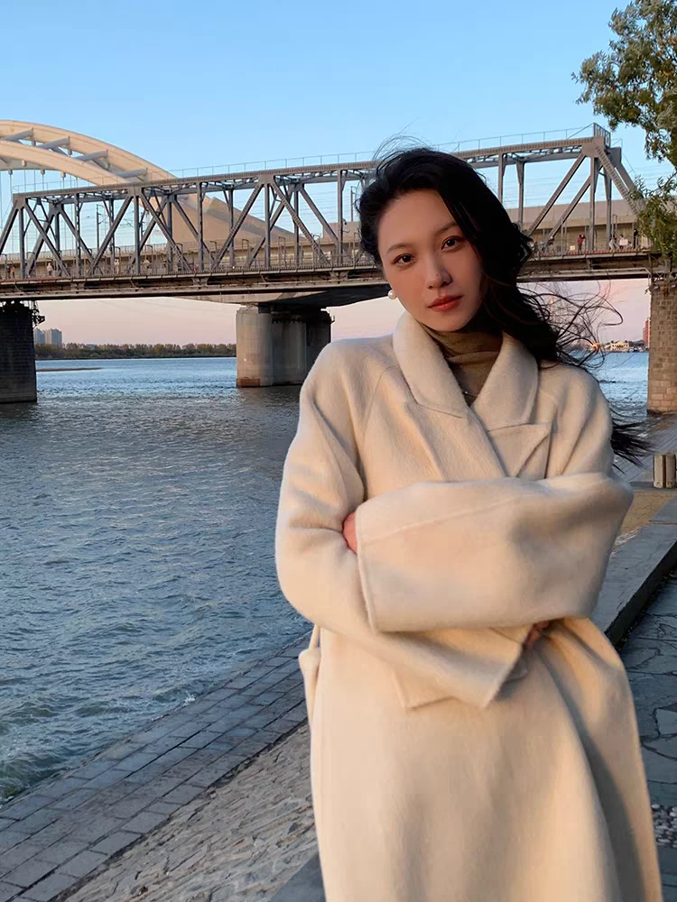 长款纯色中长款长袖秋冬毛呢外套薄款V领宽松型