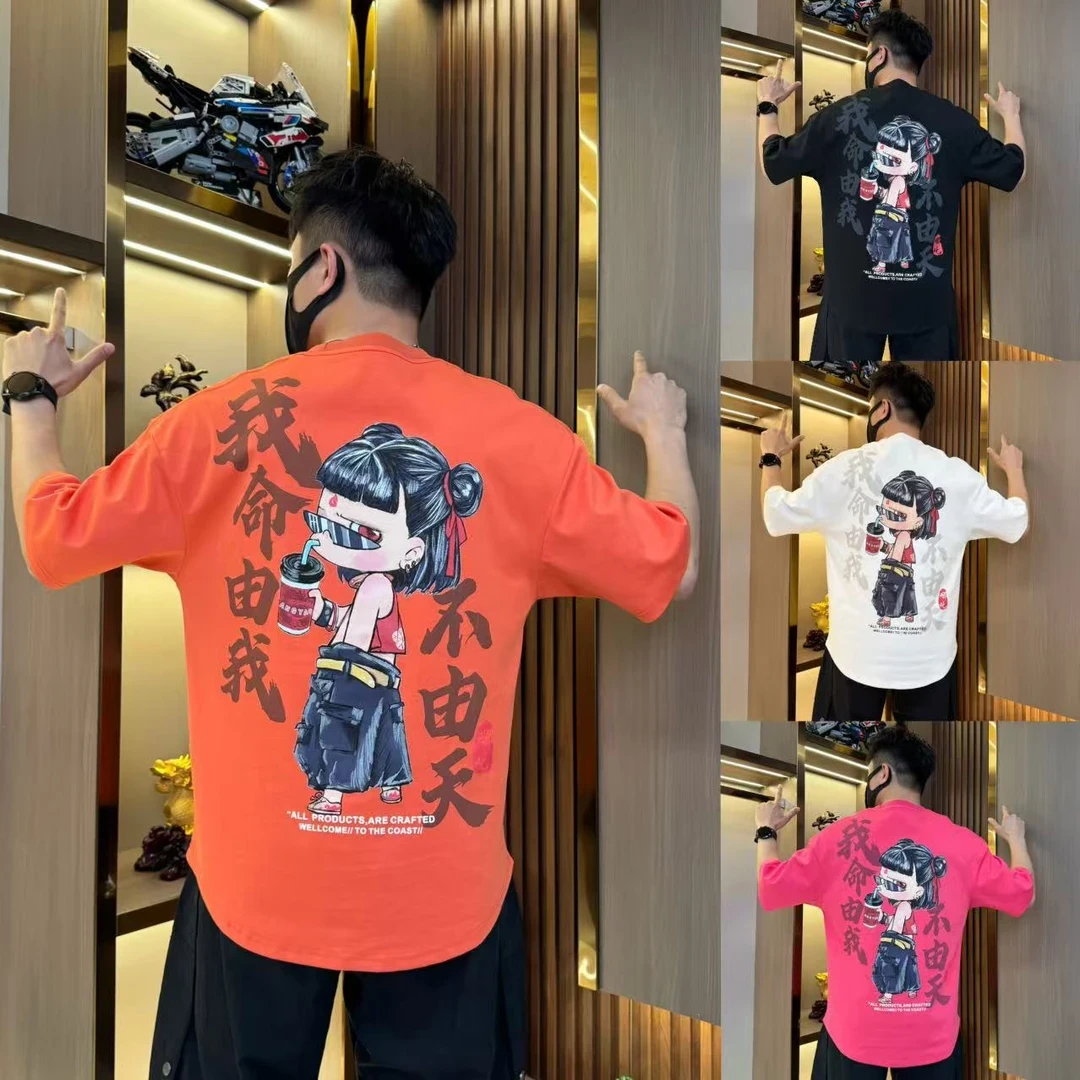 2025新款国潮宽松时尚潮流哪吒百搭潮牌卡通印花休闲简约情侣短袖