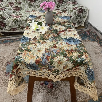 ZN107-8棉麻【130*180】彩菊水溶边棉麻交织布桌布茶几布莫奈油画