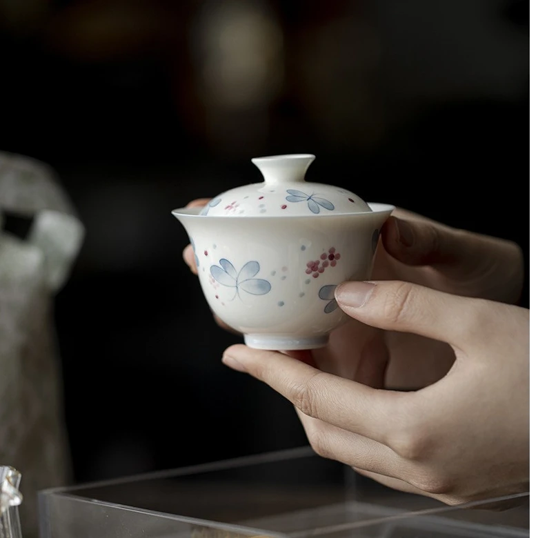 墨己茶器 玉泥—手绘繁蝶—福灵盖碗 MY00916