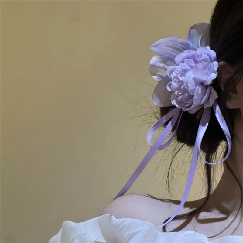 原创新款温柔芋泥紫超仙花朵长飘带发夹女款森系甜美侧边夹头饰