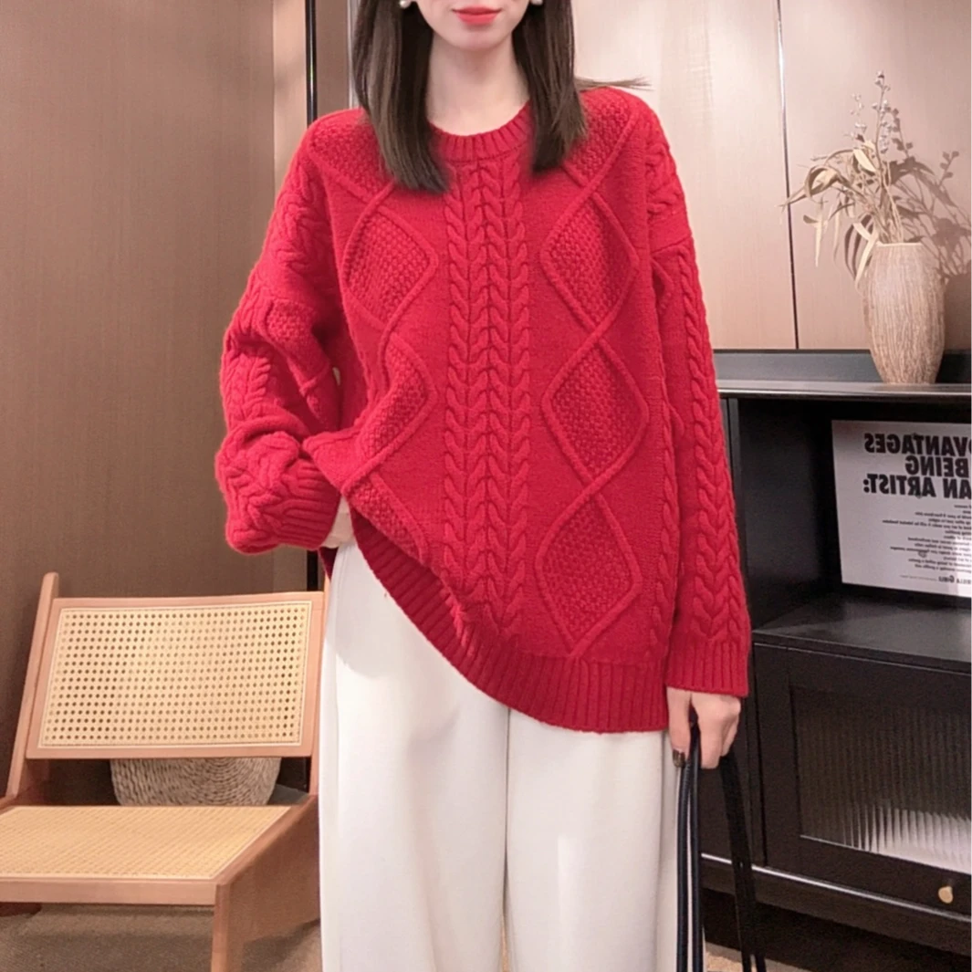相菲一韩版慵懒风宽松全羊毛加厚圆领麻花毛衣女 2025时尚羊毛衫