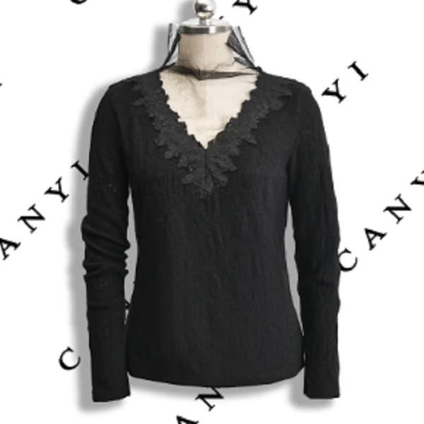 【璨衣】羊毛混纺 时尚端庄优雅风 蕾丝花边半透网纱针织上衣13904