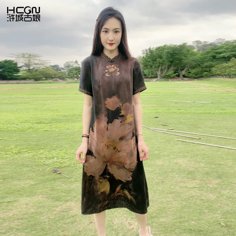 桑蚕丝精致印花宽松百搭气质舒适凉爽夏季女五分袖连衣裙WL033113