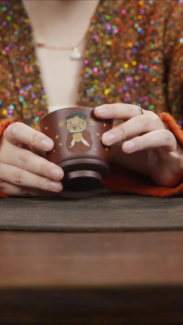 【闪购商品】紫砂茶叶罐海棠红泥绘财神主人杯