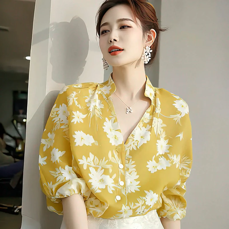 韩版时尚高级感碎花衬衫女装2025夏季新款遮肉时髦显白五分袖衬衣