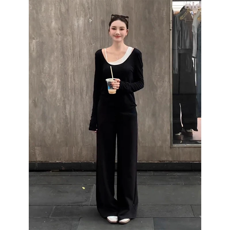 不对称露肩早秋一整套搭配新款松弛感真两件U领长袖阔腿裤两件套