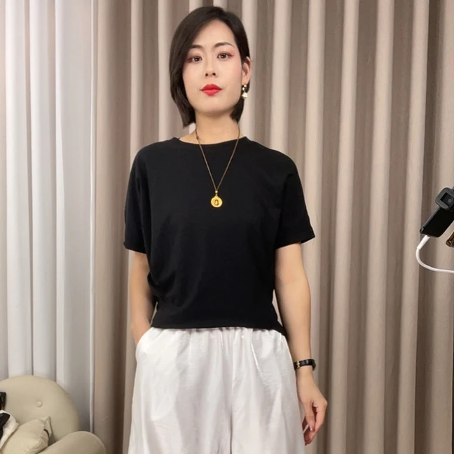 时尚短袖百搭打底衫纯色蝙蝠袖套装圆领夏季韩版T恤宽松纽扣设计