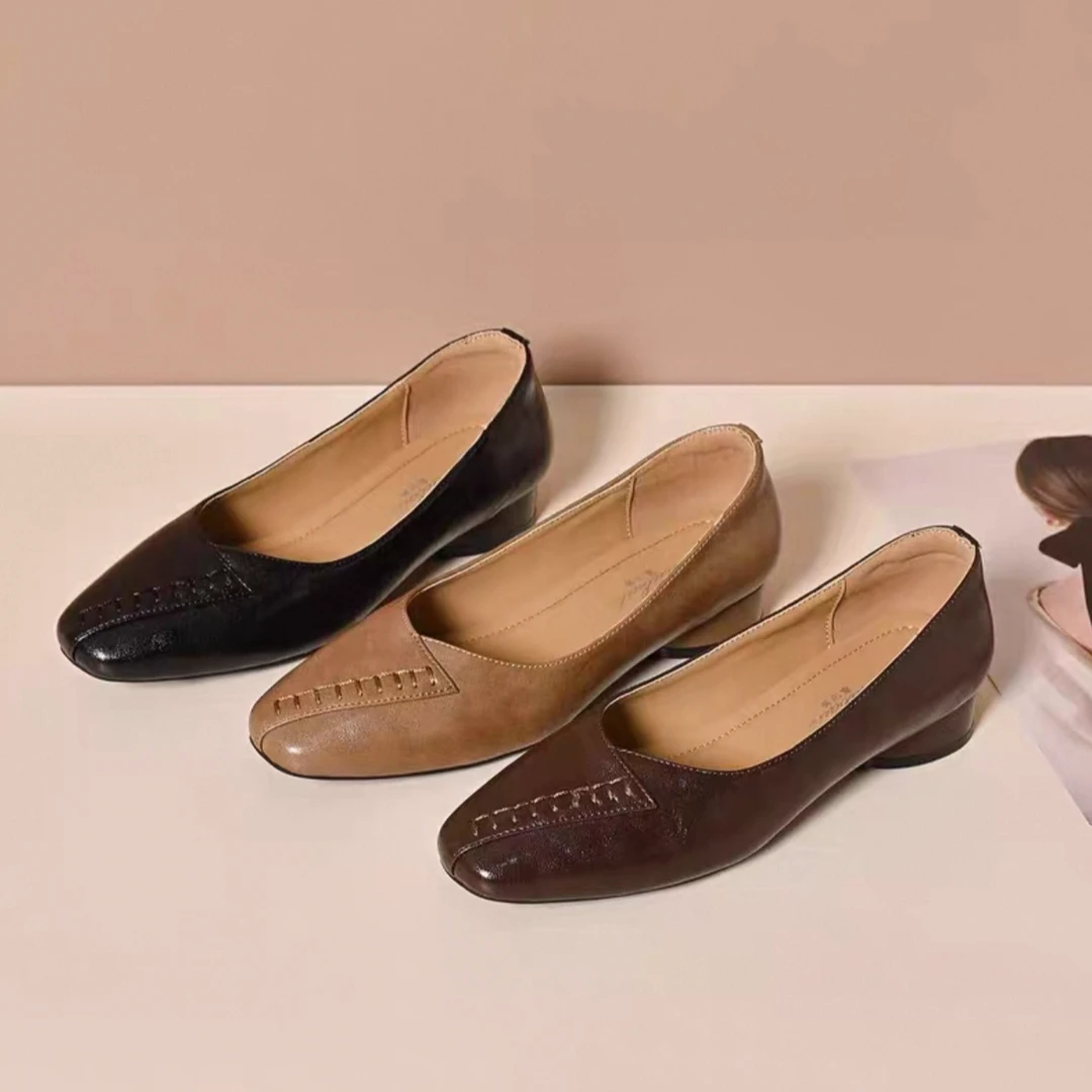 浅口单鞋女2025新款春季方头平底皮鞋软皮女鞋春款复古奶奶鞋