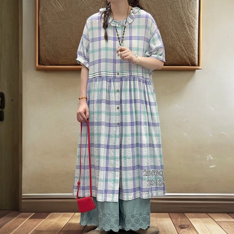 25夏日系复古甜美彩格子棉纱凉快娃娃裙森系减龄宽松连衣裙2506#