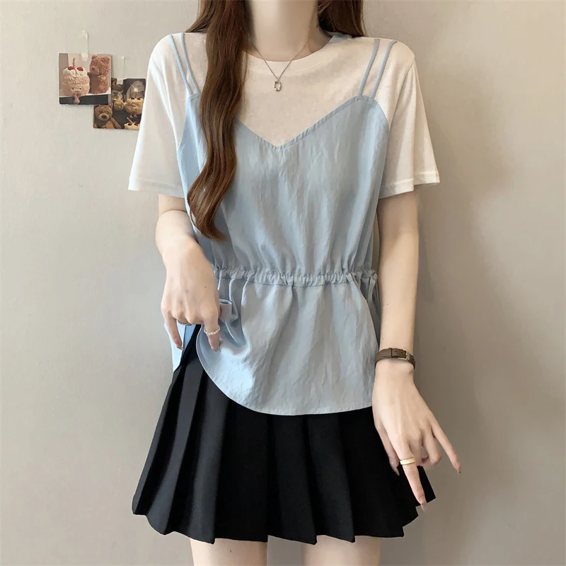 法式独特假两件短袖T恤女胖mm2025夏季新款大码收腰遮肚藏肉上衣