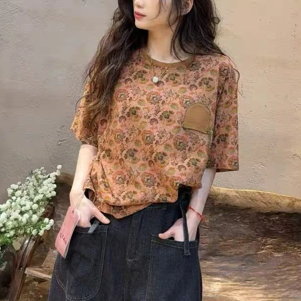 14054新款夏季名族风复古印花百搭碎花T恤