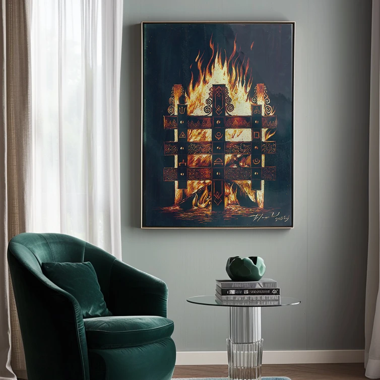 蒙古元素挂画《图鲁嘎之火》格雅版权 蒙古国画家作品