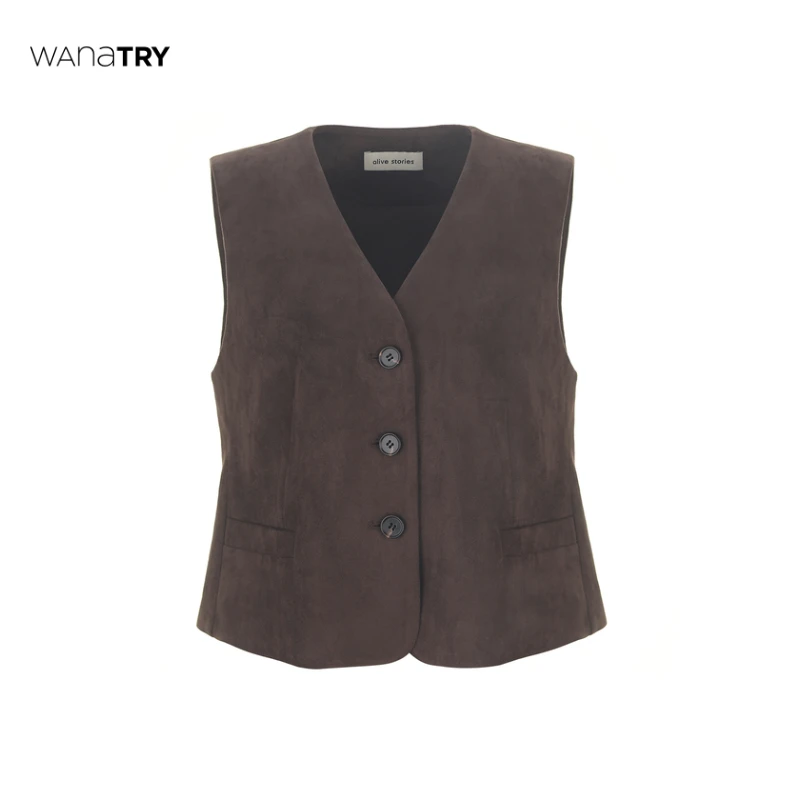 【COCO屿她精选】Wana Try深咖色仿麂皮质感柔软复古马甲