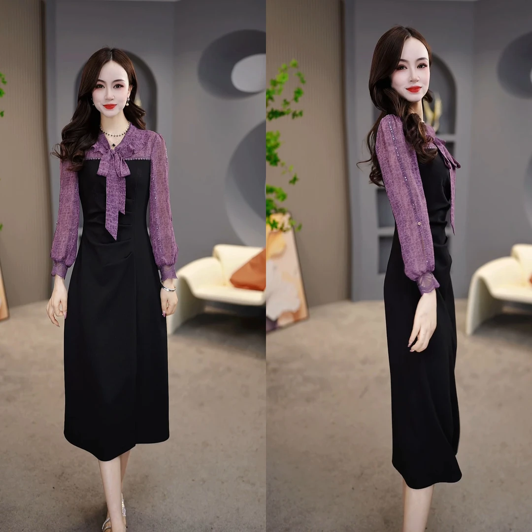2025春季新款温柔紫气质蝴蝶结系带显瘦中长款连衣裙M-4XL