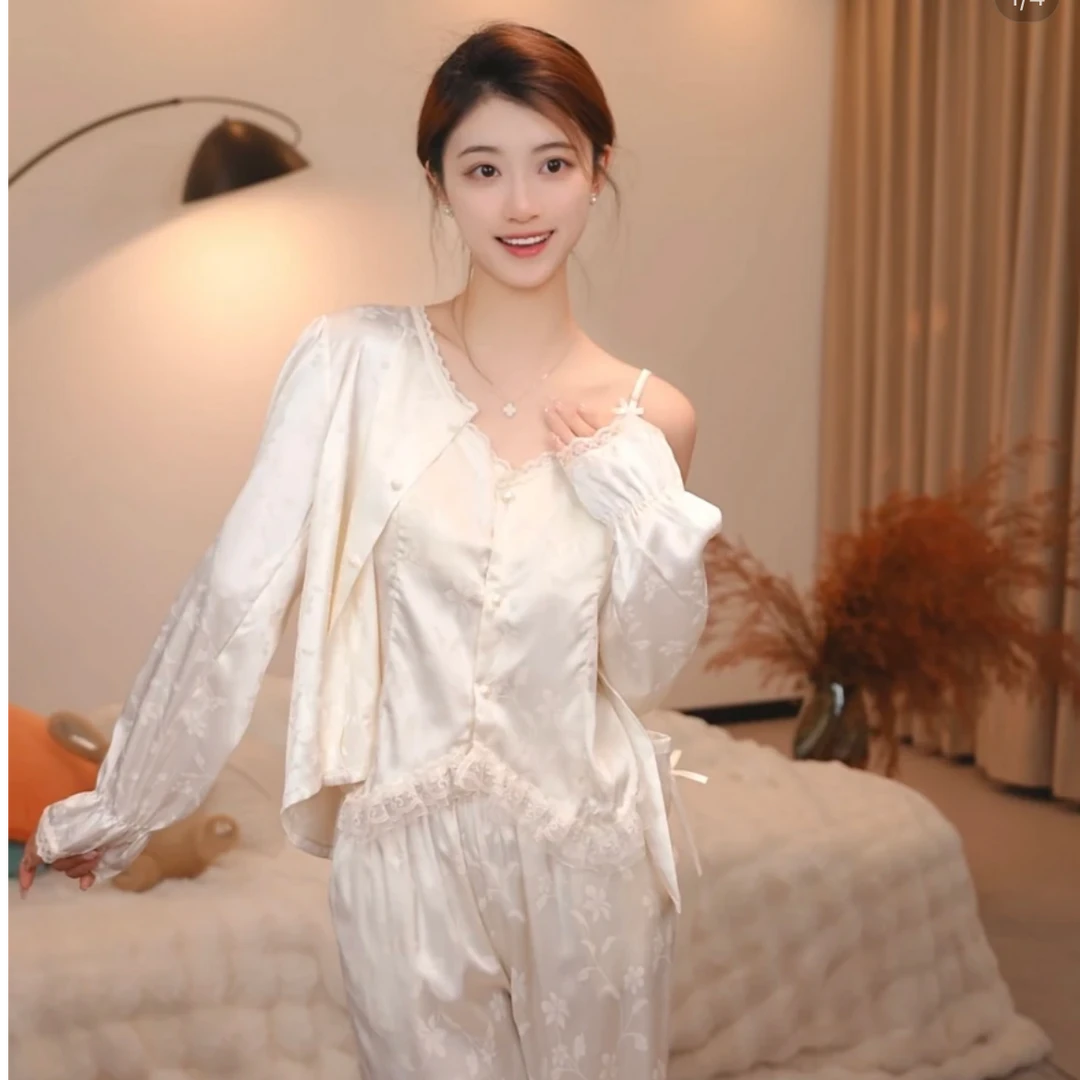 纯欲【朝屿3件套】缎面软丝女睡衣时尚长裤长袖吊带蕾丝家居服套装