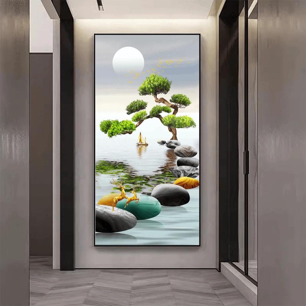 乌市发货新疆包邮玄关新中式迎客松过道入户走廊尽头装饰画带灯光