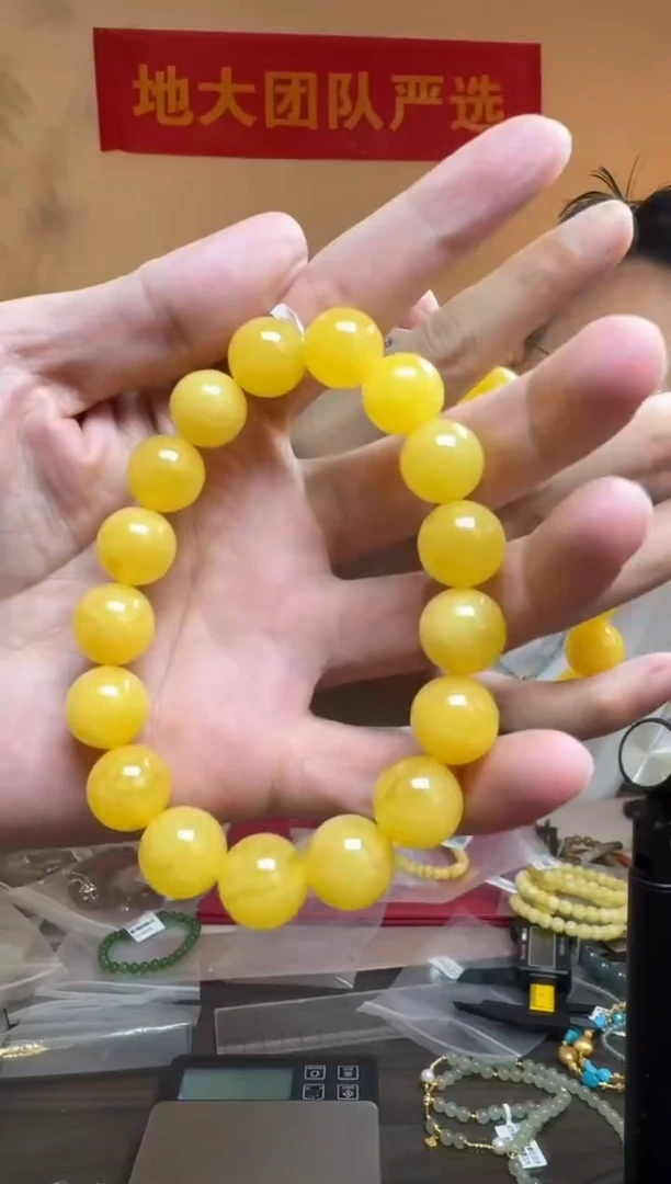 手链琥珀未镶嵌约12mm俄料鸡油黄白花蜜蜡圆珠单圈手串