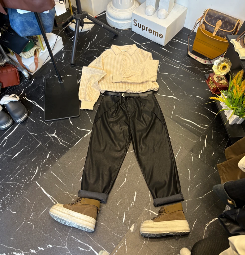 D25121122休闲长裤哈伦裤宽松休闲裤时尚显瘦高腰皮裤