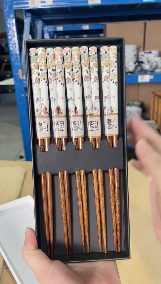 陶瓷花见猫筷子五双套装
