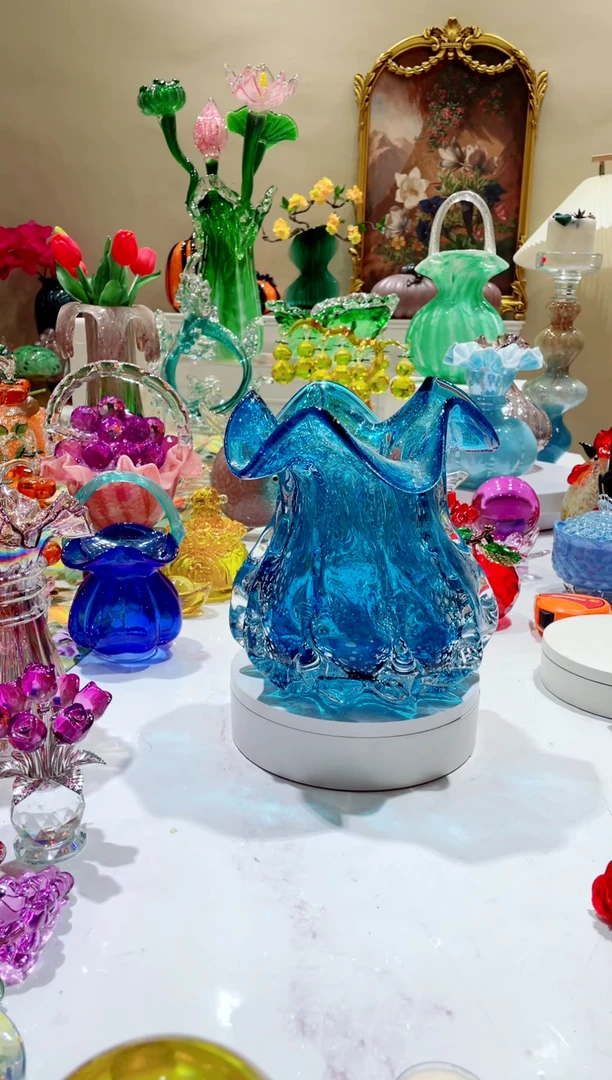 【闪购商品】琉璃手工艺品蓝色钱袋子花瓶  微瑕