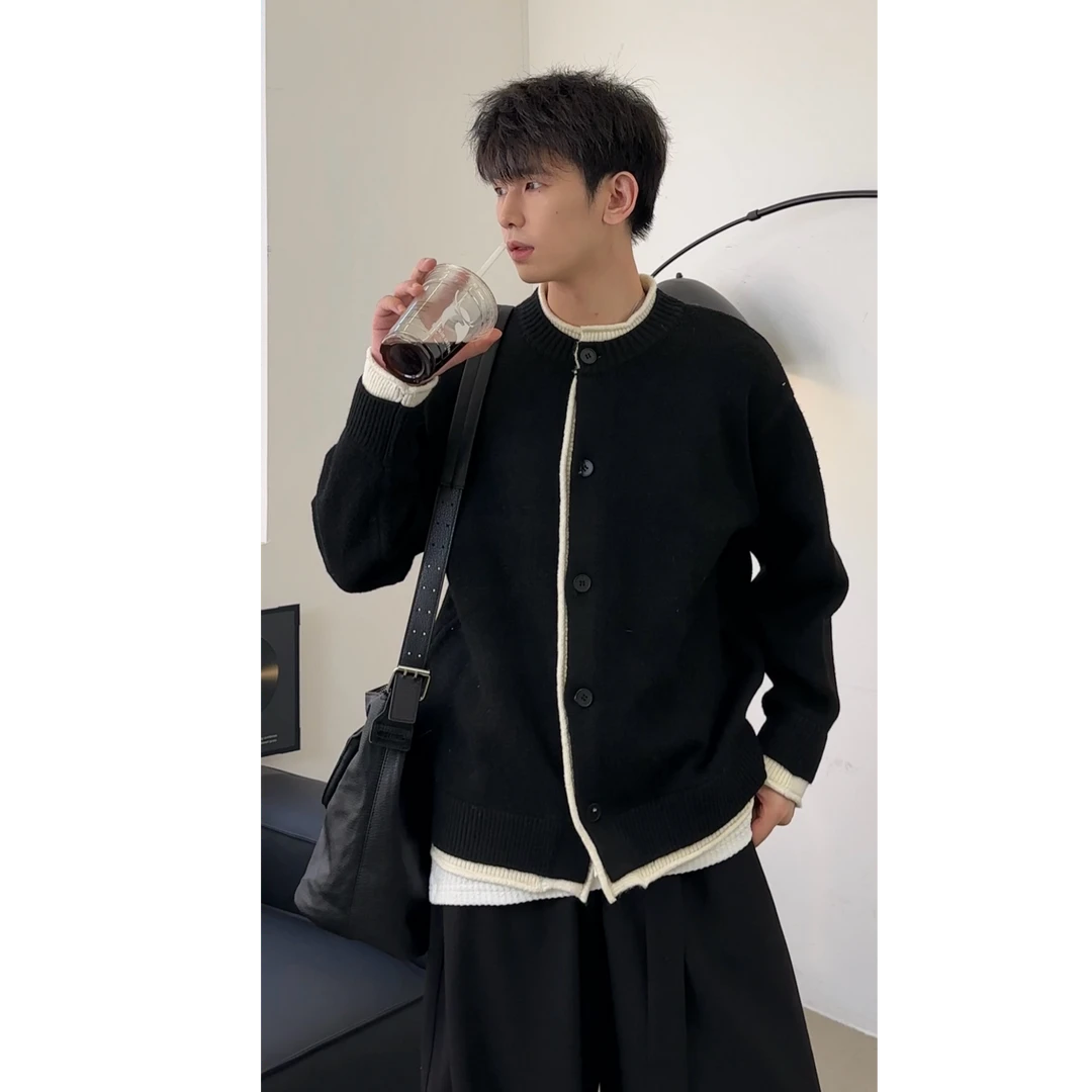 不太董【沉默宣言】早秋新款假两件针织毛衣开衫韩版新款