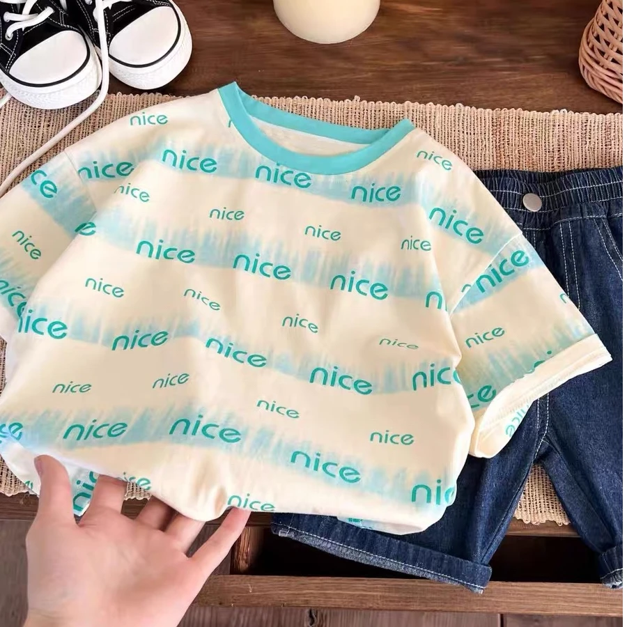 2025儿童洋气新款童装男女童短袖T恤满印字母纯棉宝宝休闲半袖T恤