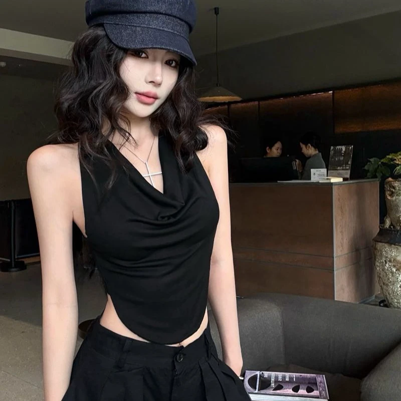 法式气质荡领吊带背心女夏季短款显瘦设计感露背心机无袖上衣外穿