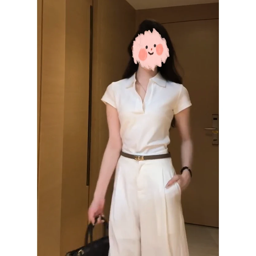 2025夏季新款韩系穿搭翻领短袖衬衫上衣气质高腰显瘦阔腿长裤套装
