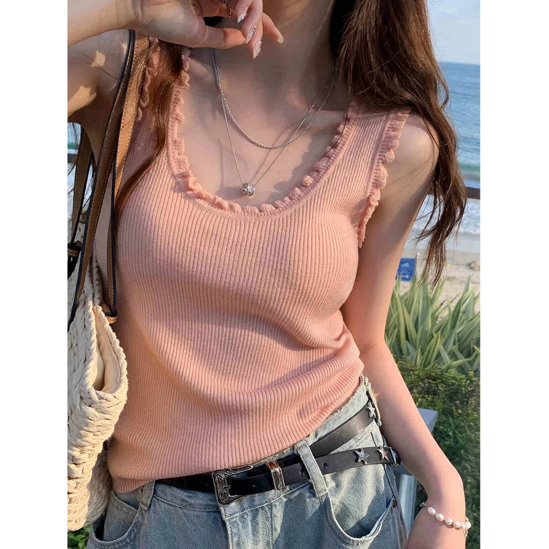 甜美木耳边针织小吊带花边背心女夏外穿2025新款修身内搭无袖打底