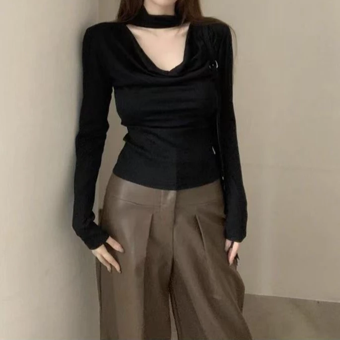 镂空挂脖荡领长袖T恤女春秋季黑色修身内搭打底衫温柔纯欲风上衣
