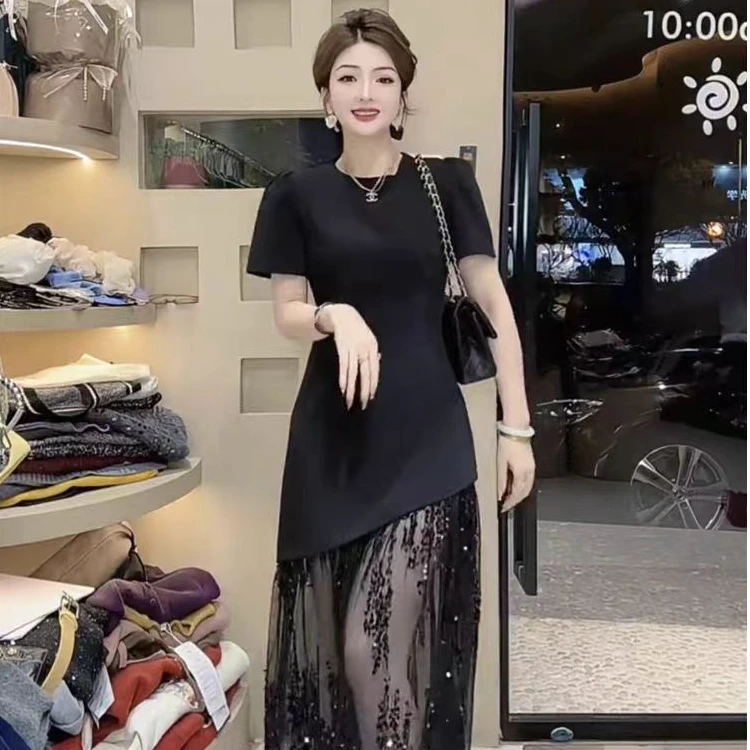 （80-200斤）时尚气质名媛连衣裙春夏短袖拼接网纱设计感中长裙1768