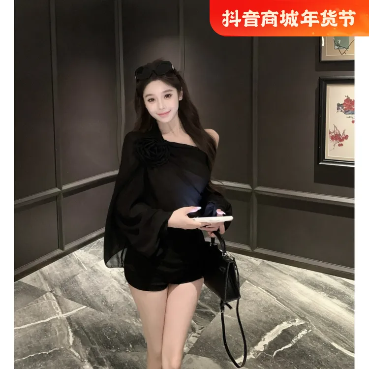 小众设计感立体花朵斜肩雪纺长袖衬衫女气质温柔风褶皱时尚上衣服