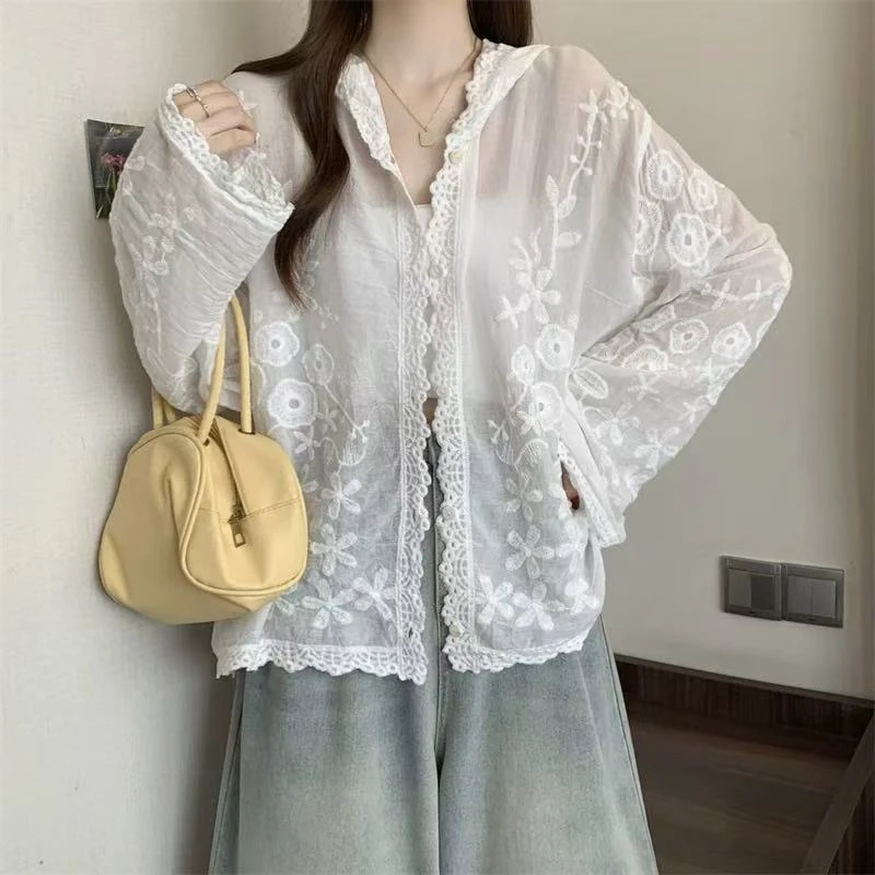 韩系蕾丝刺绣钩花连帽衬衫女夏百搭宽松防晒长袖开衫上衣-0224