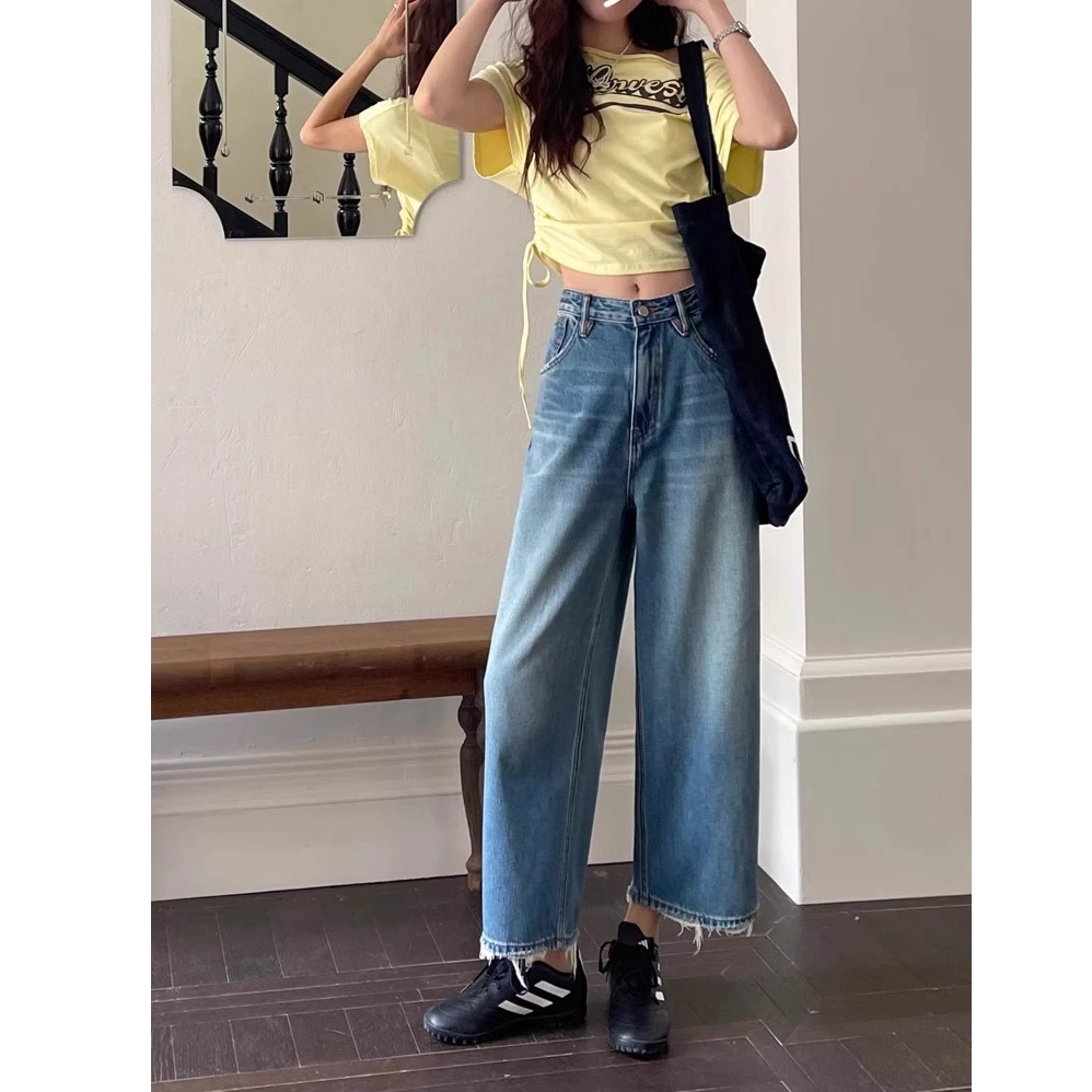 毛边九分牛仔裤女2025新款高腰显瘦大码胖mm小个子夏季薄款阔腿裤