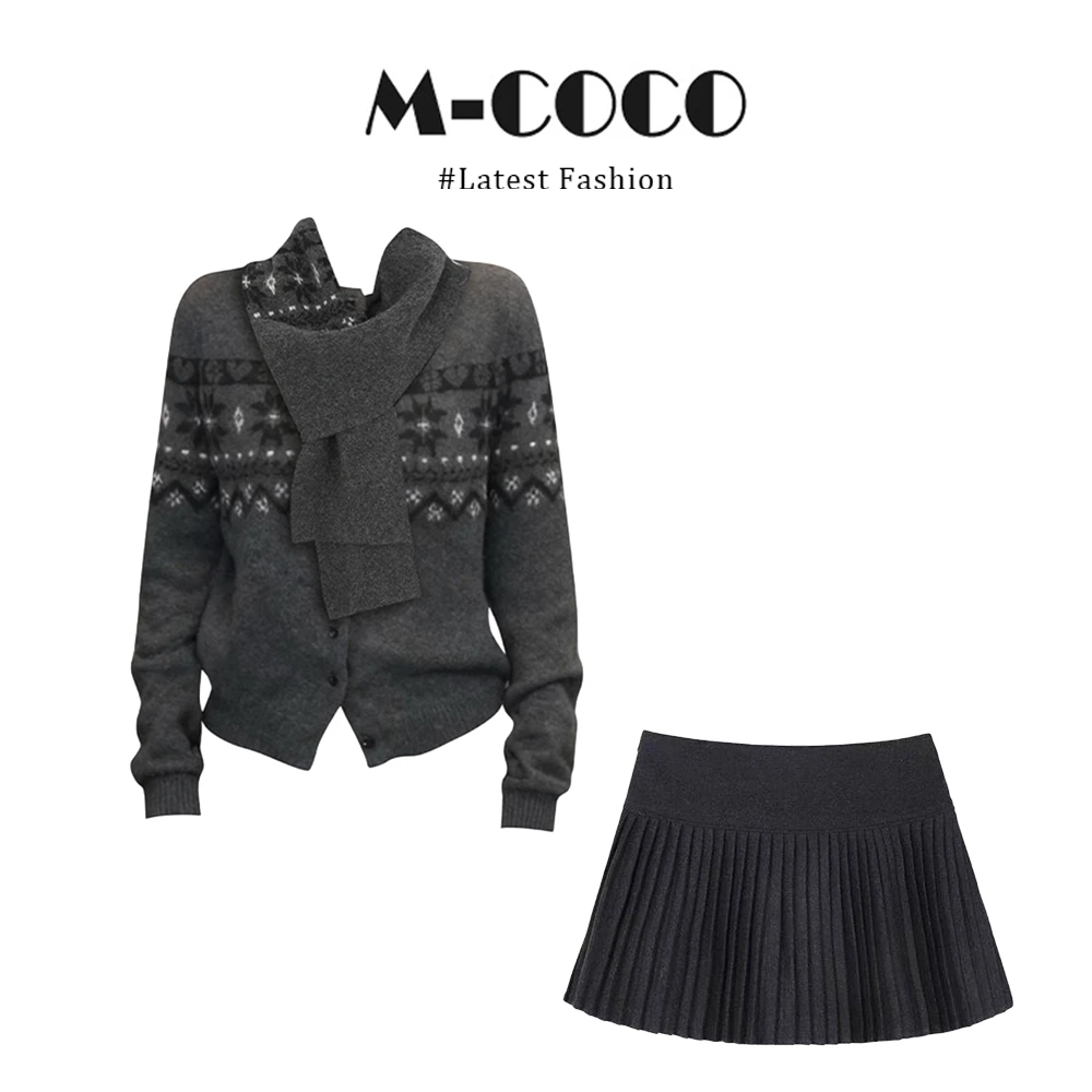 INS CEC冬季搭配一整套费尔岛围巾领挂脖开衫上衣百褶裙两件套