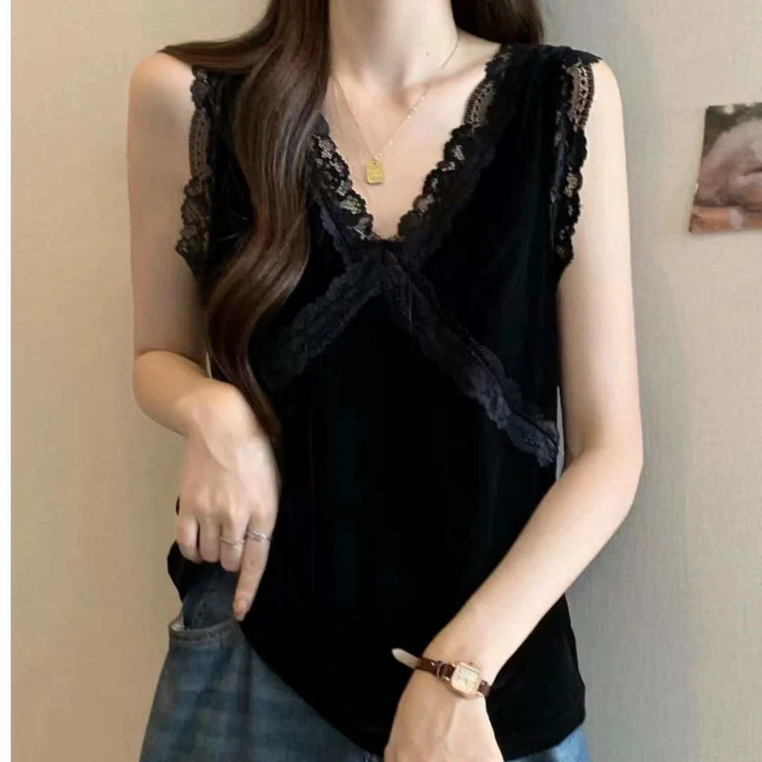 40336蕾丝性感外穿v领气质小衫夏季显瘦时尚宽松黑色打底内搭薄款