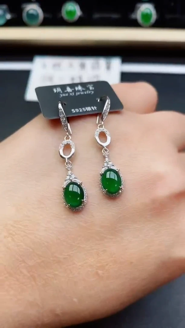 翡翠银S925镶嵌耳饰8000