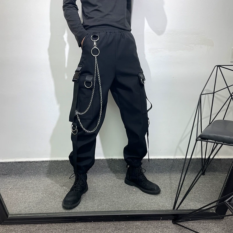 冬季设计款织带装饰加绒工装裤男女潮流小脚裤时尚链条宽松哈伦裤