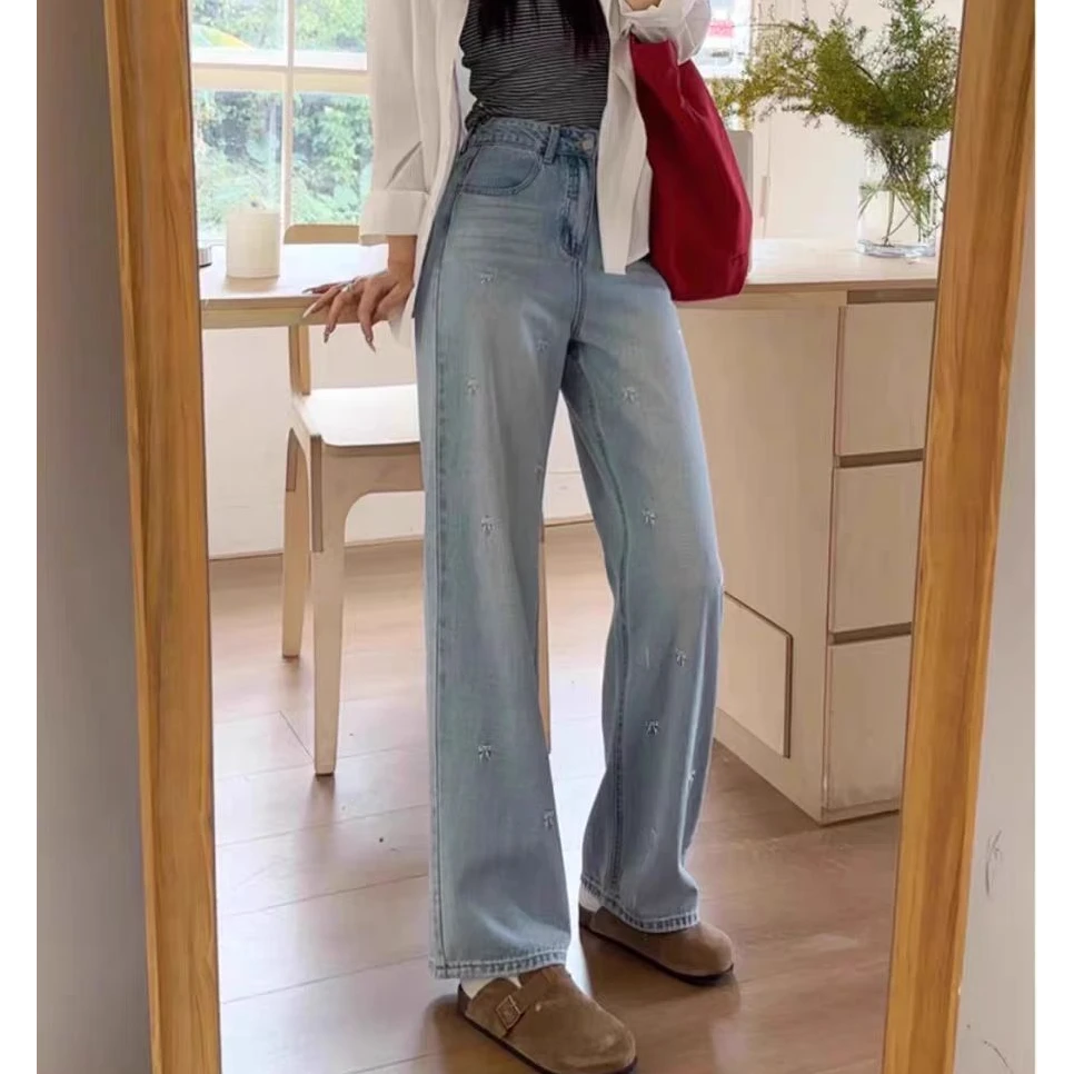 【柚柚】浅色刺绣牛仔裤夏季新款直筒裤胖mm大码宽松阔腿裤33223