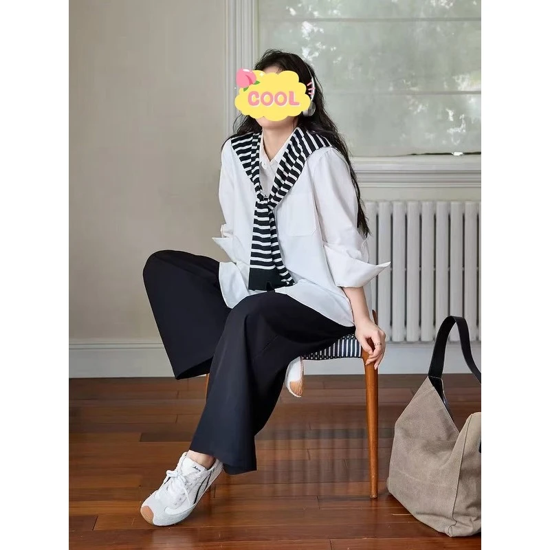 大码韩式气质亲肤撞色条纹叠搭披肩显瘦长裤套装2117#