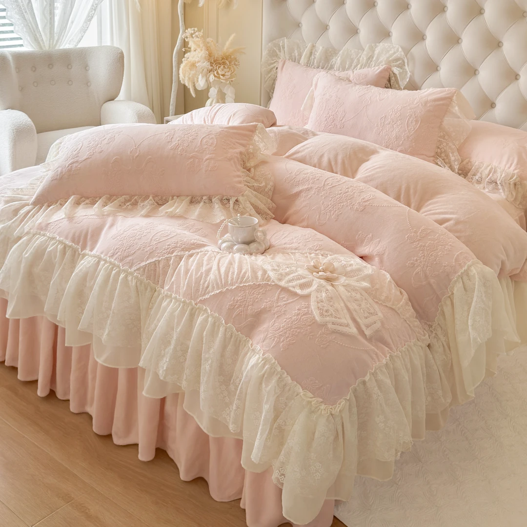 冬季法式少女心加厚雕花牛奶绒四件套毛绒蕾丝花边被套仙女床裙4