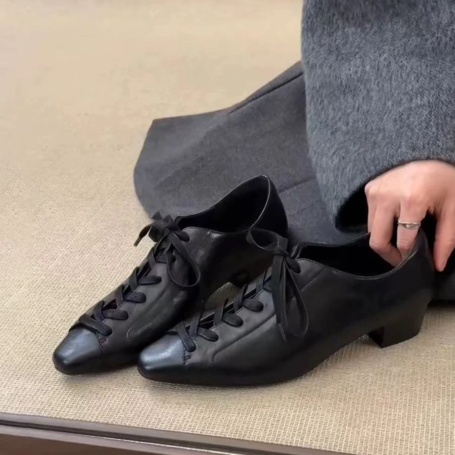 羊皮版~内增高英伦风小皮鞋复古系带单鞋黑色平底鞋百搭小众鞋子
