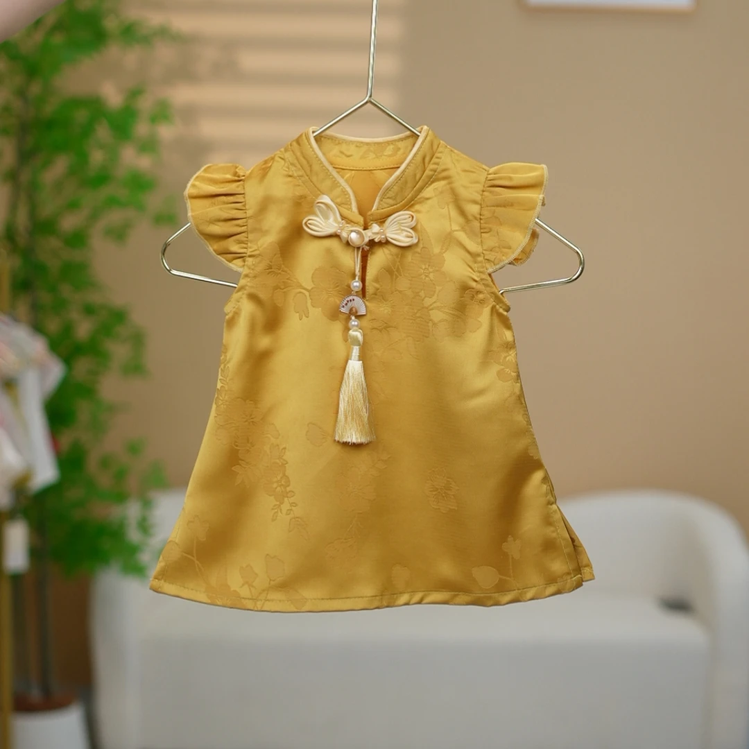 新中式旗袍裙女宝宝梅花提花金色连衣裙女宝宝国风汉服礼服周岁服