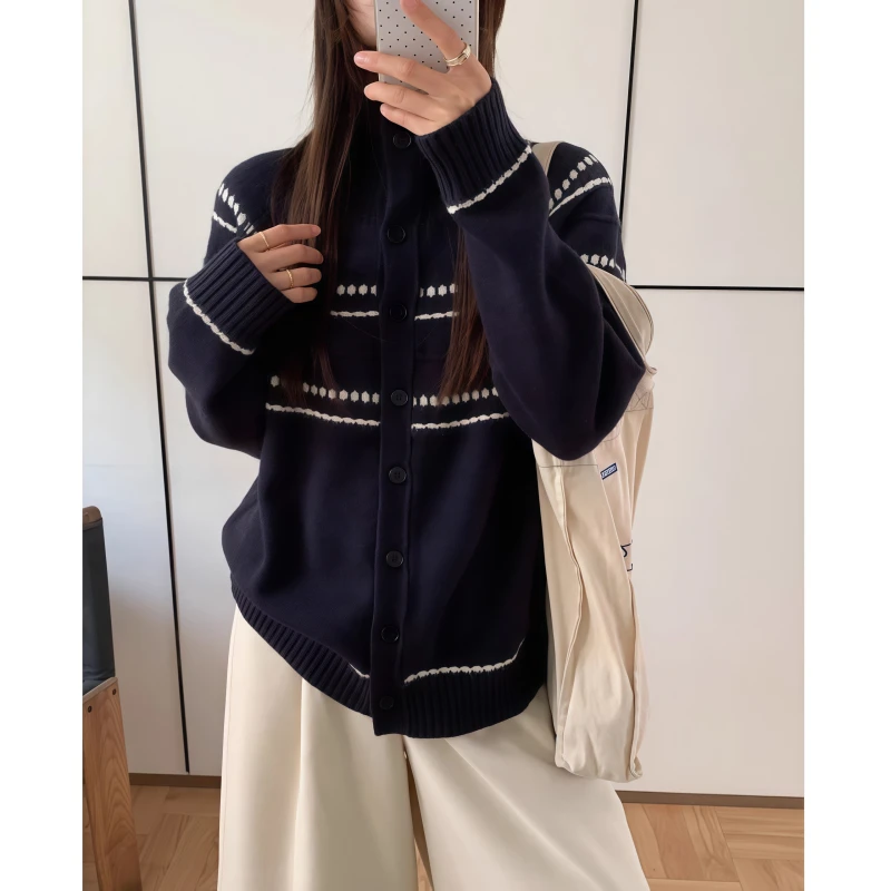 复古费尔岛提花针织开衫毛衣女秋冬季宽松慵懒软糯高领打底衫毛衣