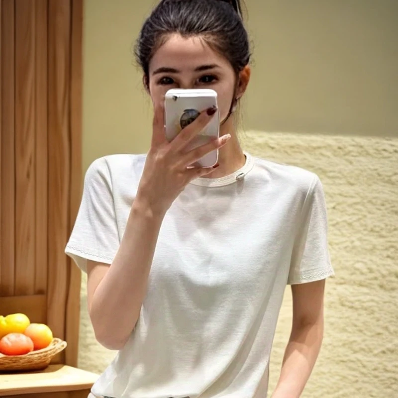 胖姐严选时尚纯色圆领贝壳扣百搭天丝短袖T恤