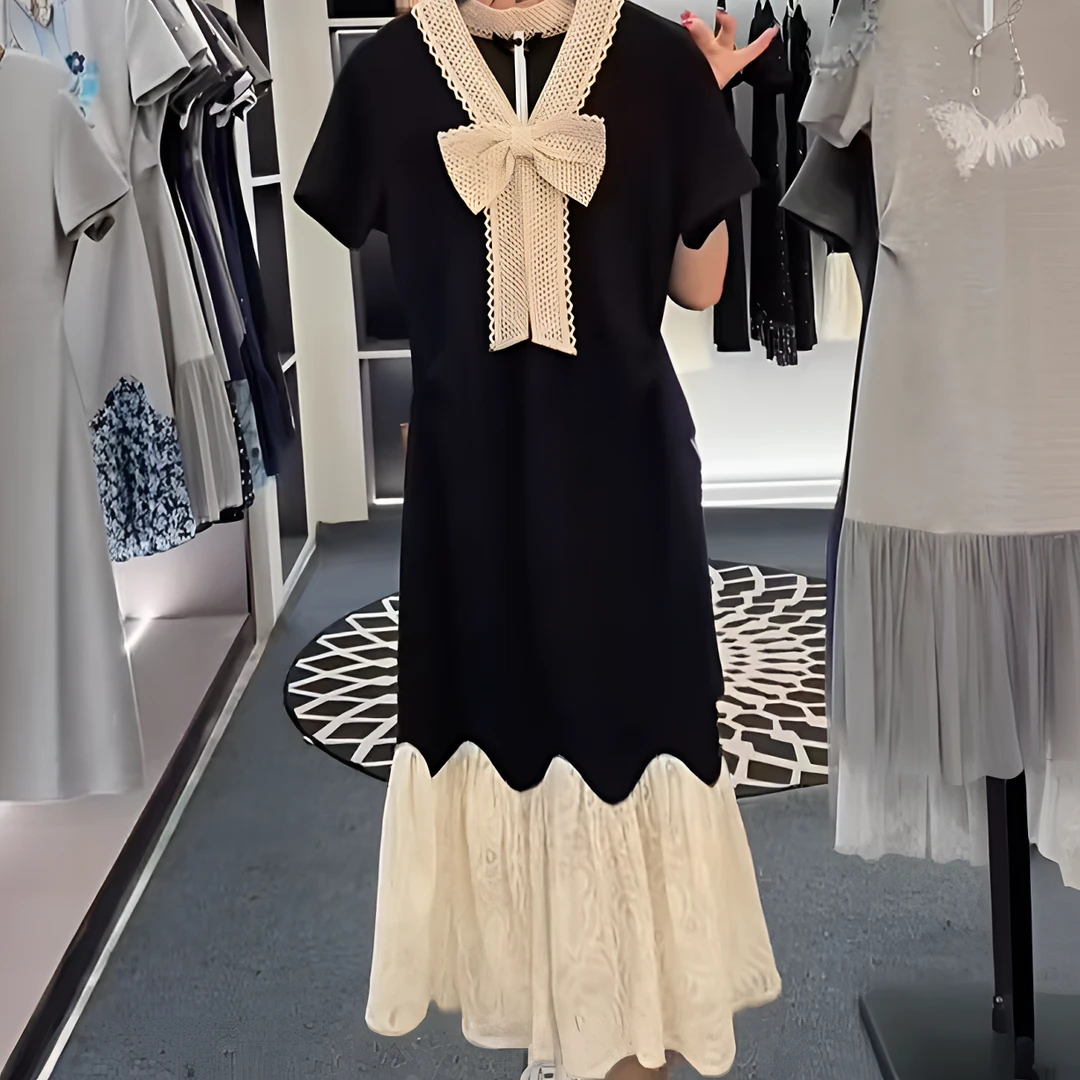 夏日轻奢简约舒适感显瘦拼接重工刺绣气质连衣裙