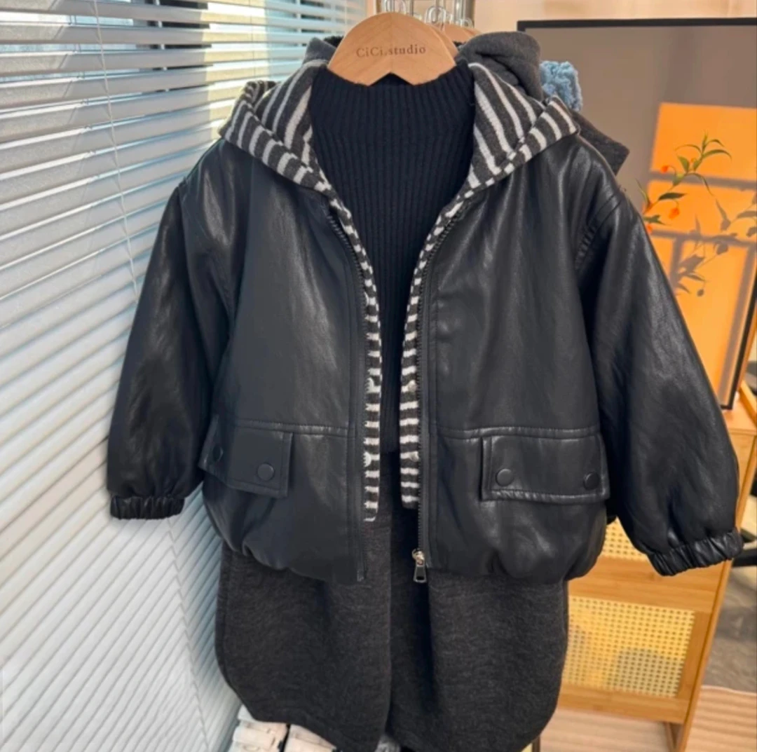 儿童加绒夹棉外套秋冬款男童假两件皮衣夹克衫女童冬装洋气韩版潮