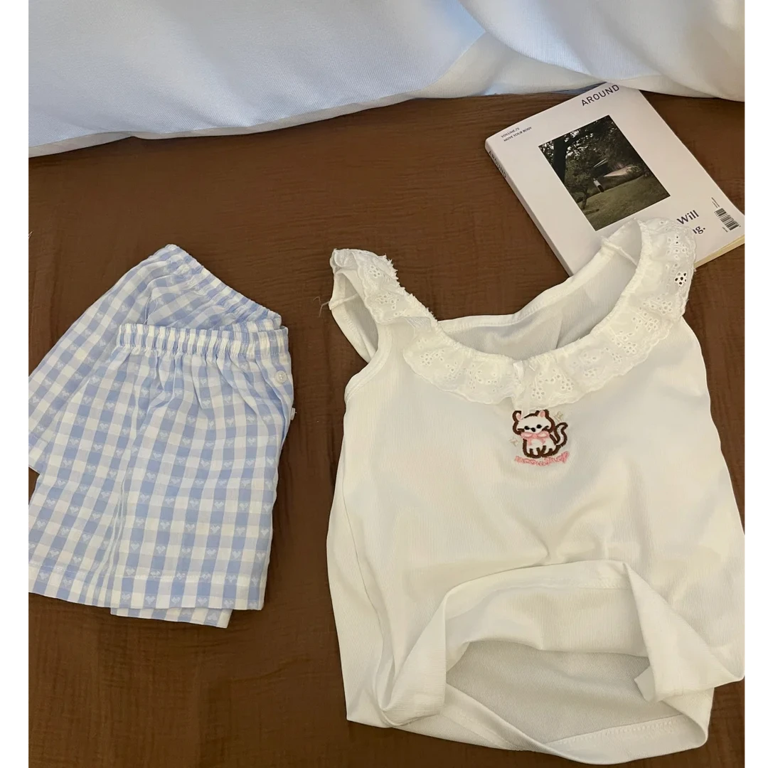 【蝴蝶结小猫咪】甜美带胸垫吊带花边睡衣夏季新款套装可外穿家居服