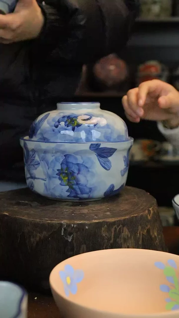 【闪购商品】椿野6.5寸锤纹炖盅（青花牡丹）C159